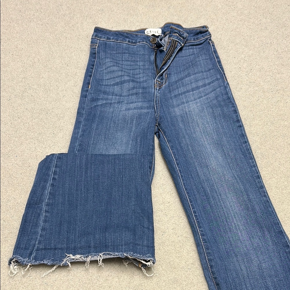 Cello Blue Flare Wide Leg Jeans with Distressed Hem